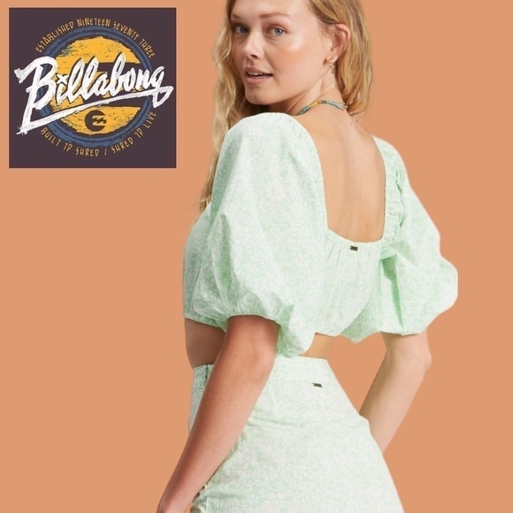 BILLABONG Tropic Sun Woven Blousen Sleeve Smocked-Back Cotton Crop Top-LG NWT - Picture 5 of 13